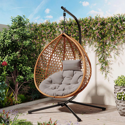 Rattan Hanging Egg Chair with Stand & Removable Cushion for Indoor/Outdoor Use - Gray + Brown