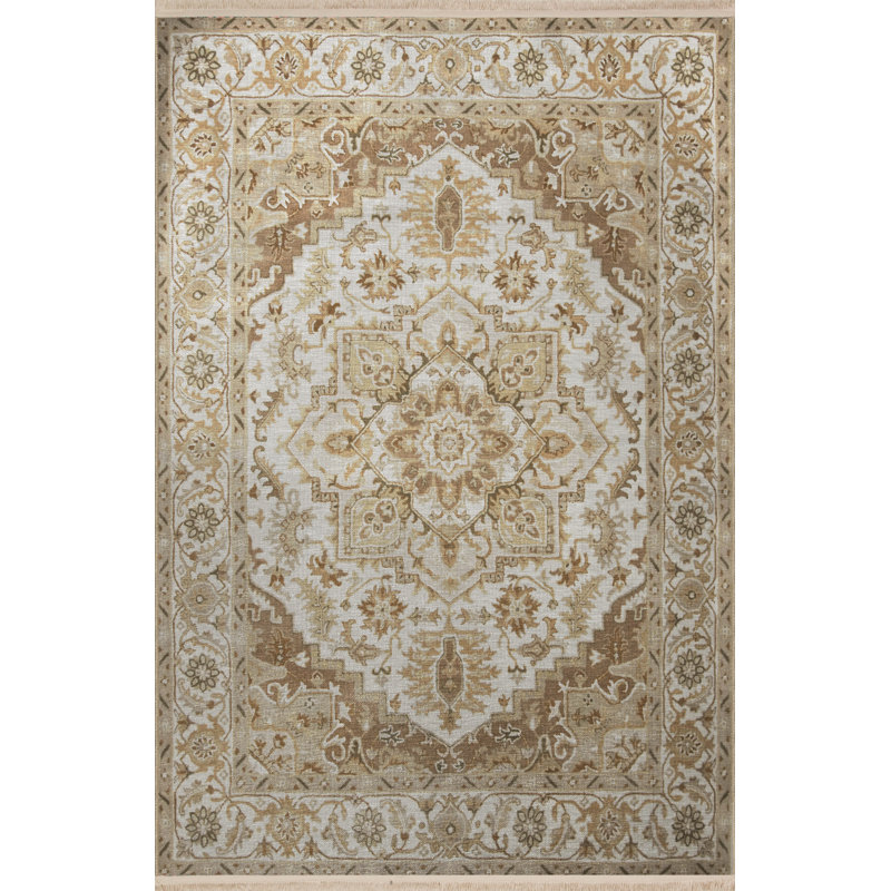 Tapis décoratif beige à motif frangé, Rectangle 3 pi 11,24 po x 5 pi 10,87 po