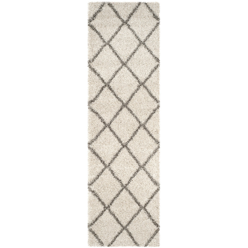 Darrold Shag Performance Geometric Rug, Ultra Plush 1.81", Runner 2'3" x 20', Ivory/Gray