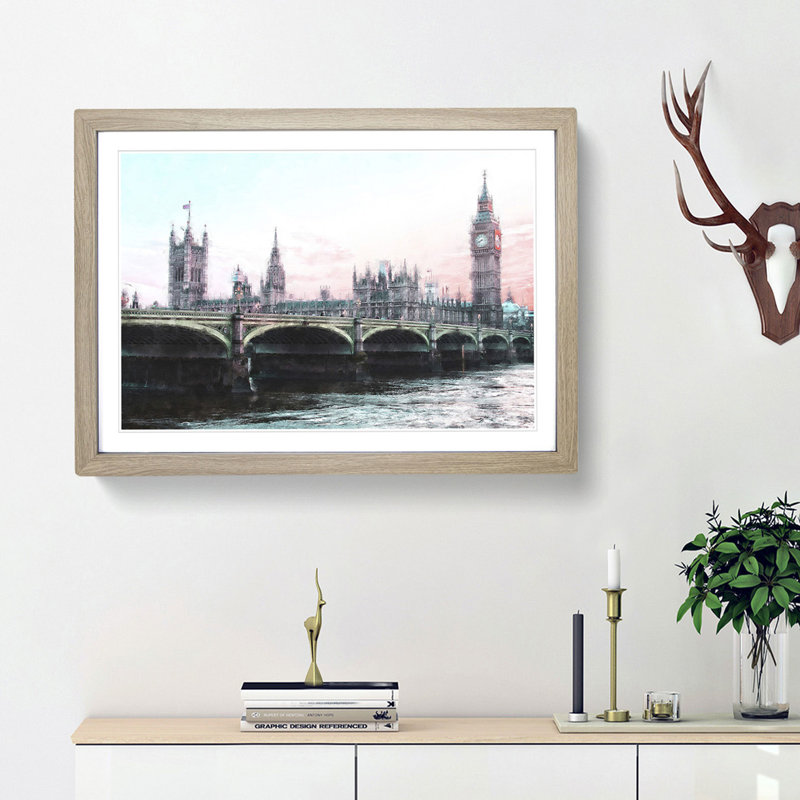 Houses of Parliament and Big Ben - Picture Frame Painting Print, 24cm H x 33cm W x 2cm D, Oak Framed