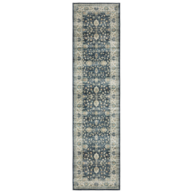 Jacquarius Vintage Bordered Traditional Blue/Ivory Washable Area Rug Mat, Runner 2' x 8'