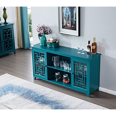 Buffet bleu sarcelle 60 po, conception pratique, pieds en bois massif, buffet avec tablettes réglables et cadre