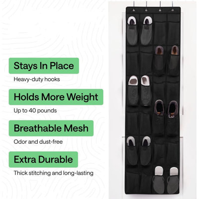 24-Pocket Hanging Shoe Organizer – Space-Saving Over-Door Storage For Closet Accessories And Footwear, Black