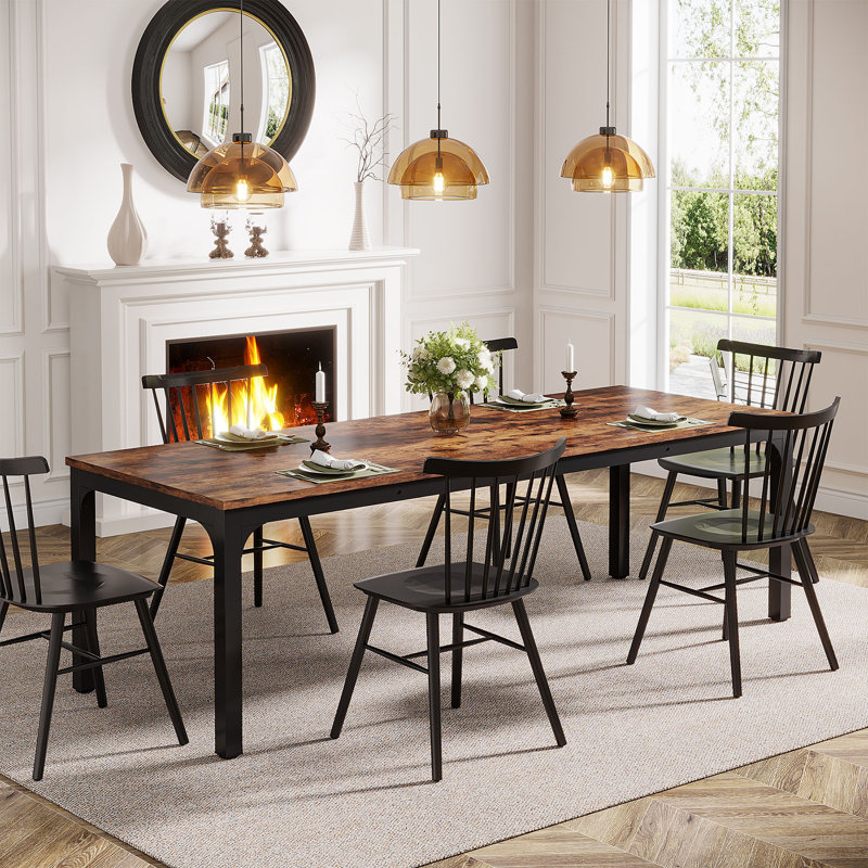 Frodeen Rectangular Large Long Dining Table, Rustic Brown, Black