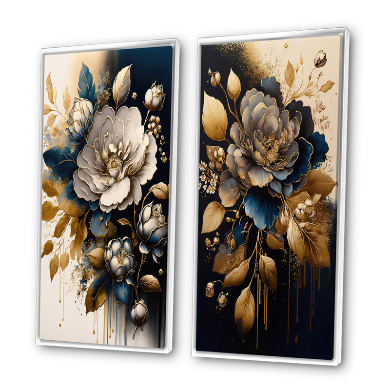 «Black and Gold Camellia Bouquet I», 2 pièces sur toile, Cadre blanc, H 20 po x l 24 po