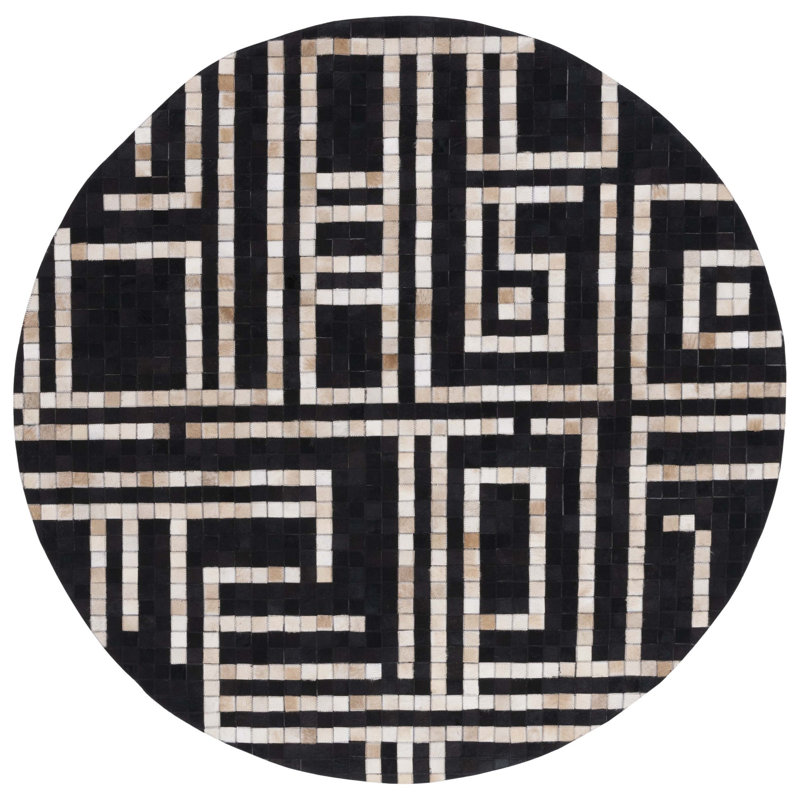 Studio Leather Flat Weave Hair On Leather Geometric Rug, Round 6'