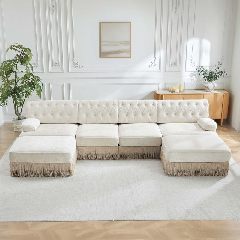 Canapé modulaire Cloud avec jupe à pampilles et capitonnage à boutons, Beige