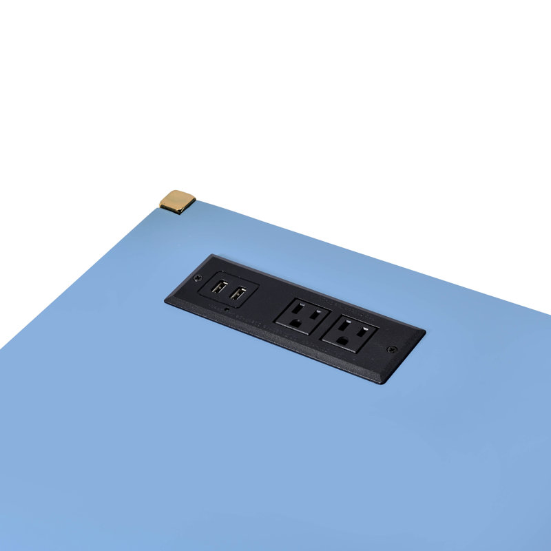 Bureau d'écriture bleu marine et doré avec ports Options de prises électriques pour une efficacité de bureau Espace de travail spacieux et intégré
