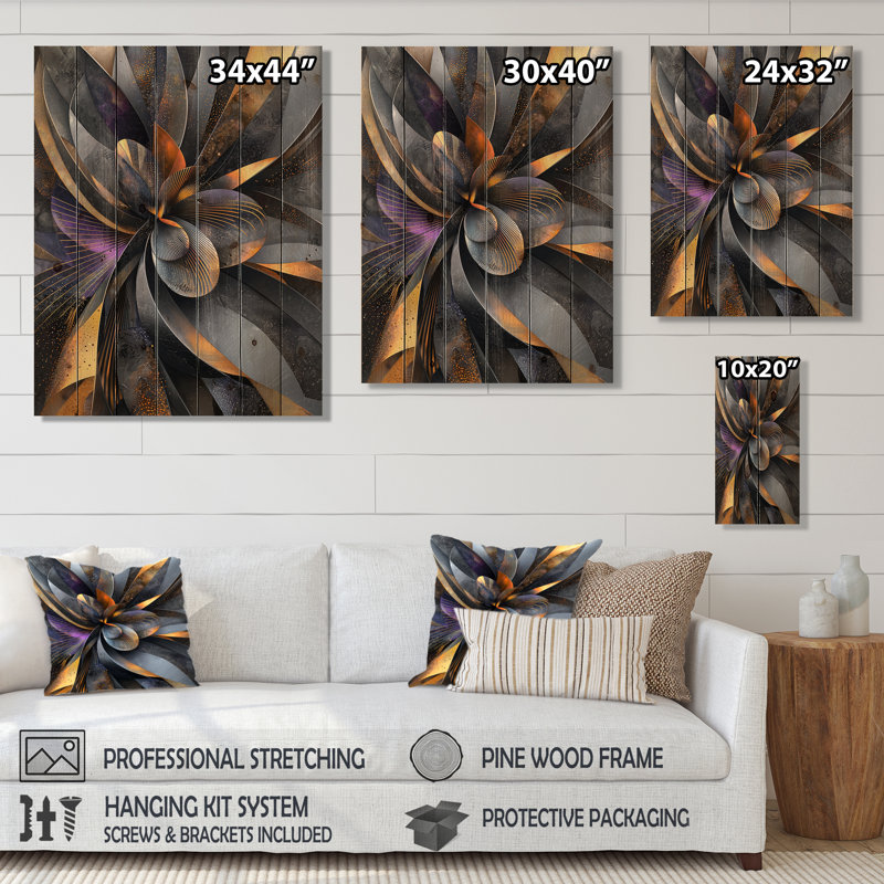 Fleur, pétale de dahlia géométrique en mouvement II - art mural en bois de dahlia - sur bois de pin naturel