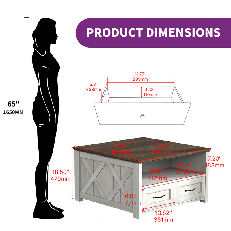 Table basse carrée avec rangement à 4 tiroirs, Grey Wood