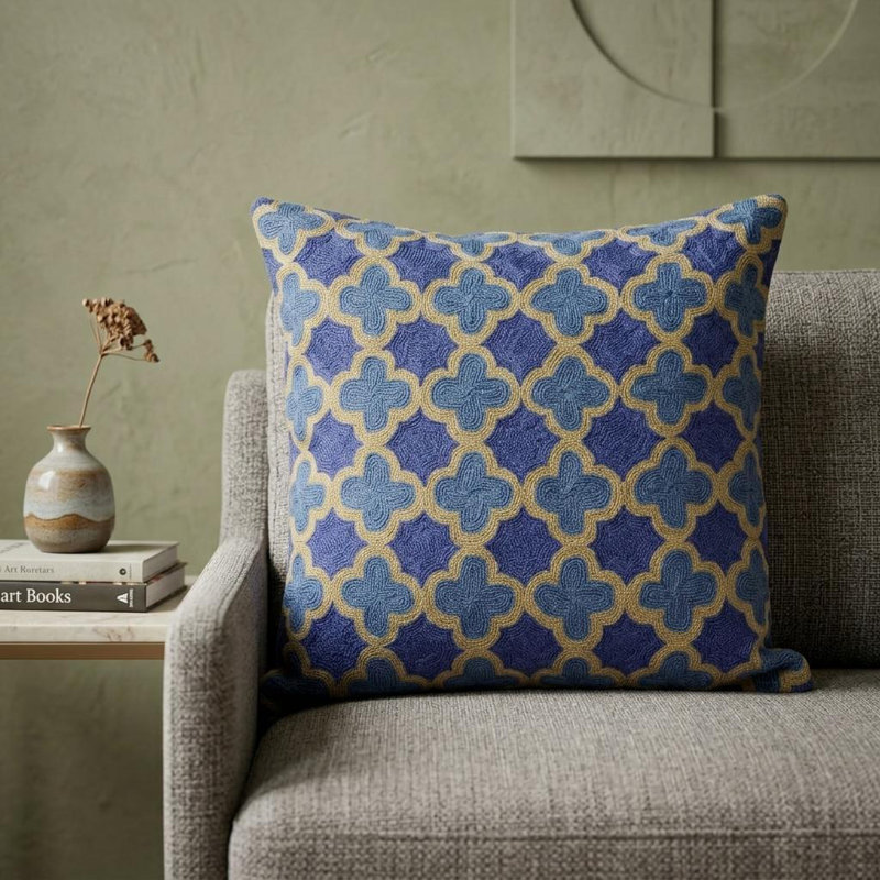 Coussin décoratif en laine quadrilobe bleu et brun 20 "avec broderie