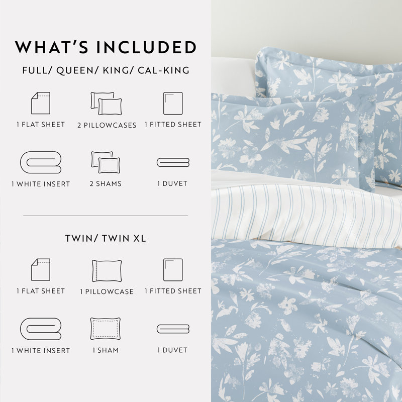 Full Blue Floral Microfiber Bedding Bundle with Duvet Cover