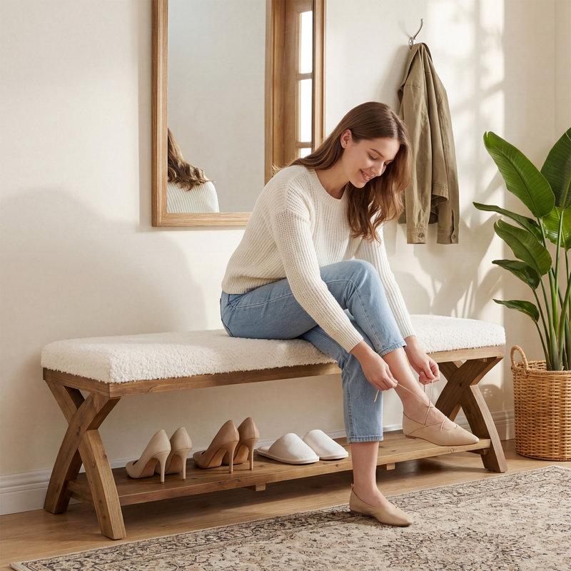 Solid Wood Upholstered Shoe Bench With Storage Shelf