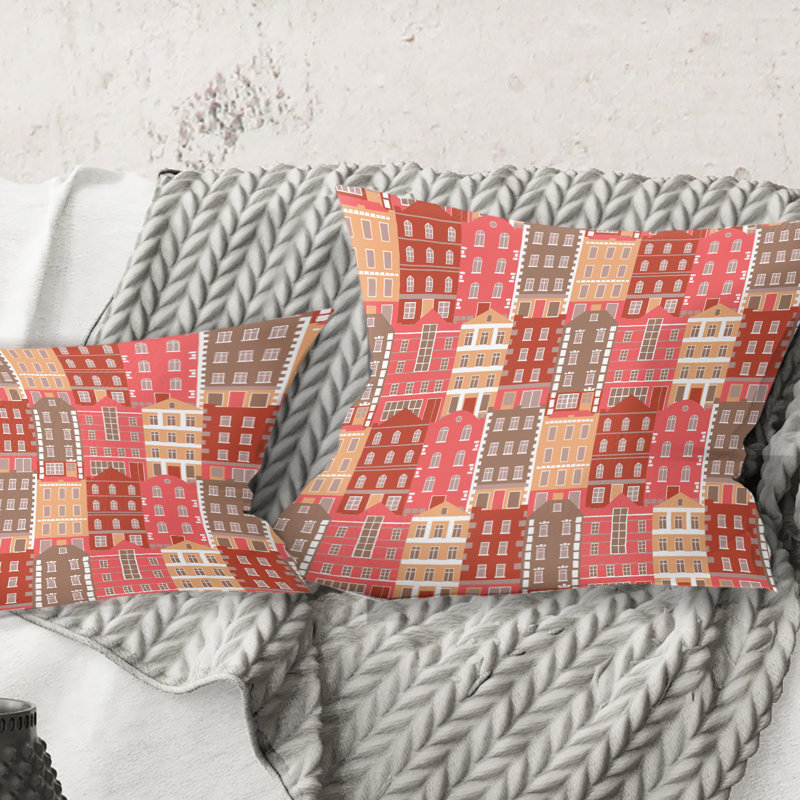 Coussin décoratif imprimé à la main de maisons colorées style moderne Mid-Century, 16 po x 1 po