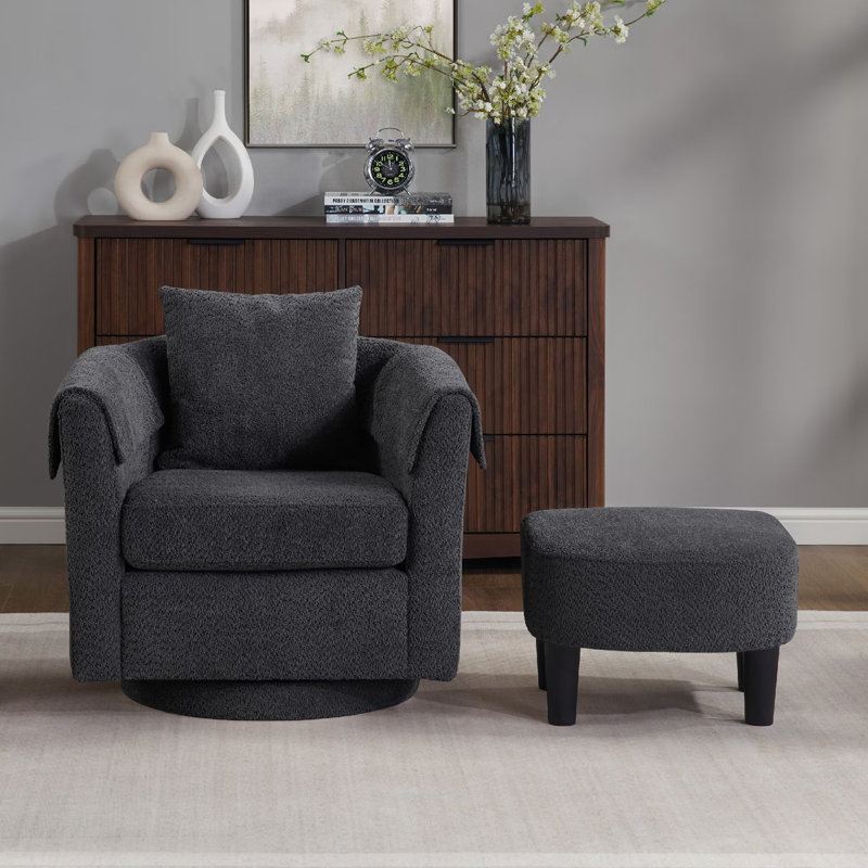 Chenille Swivel Accent Chair with Ottoman, Black