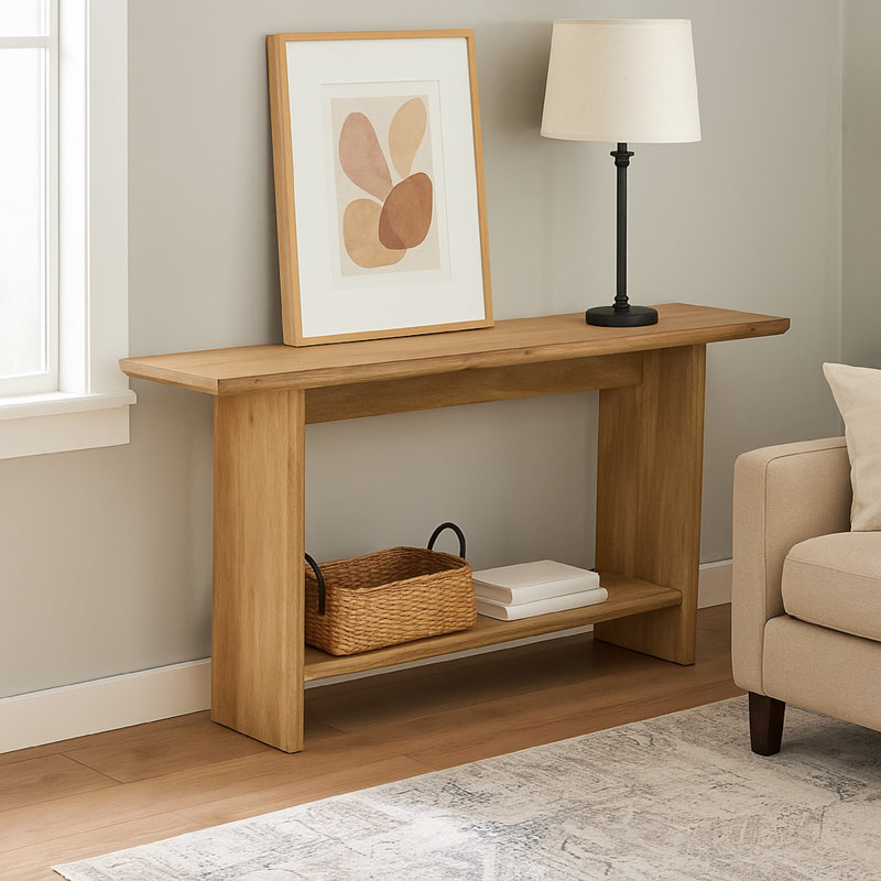 Console, long plateau rectangulaire, 1 tablette, bois brun clair de 71 pouces