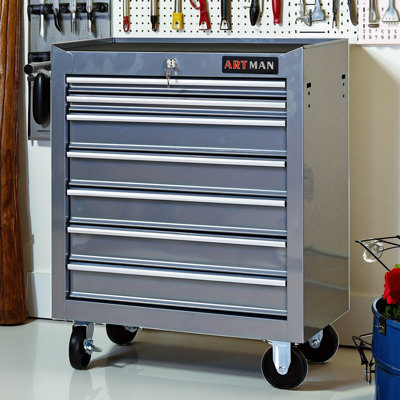 Blue 7-Drawer Mobile Tool Cart, Multifunctional Tool Trolley For Garage With Lockable Tool Box, 4 Wheels (2 Lockable)