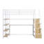 Lit mezzanine simple en métal avec escalier, bureau intégré et tablettes de rangement, blanc compact