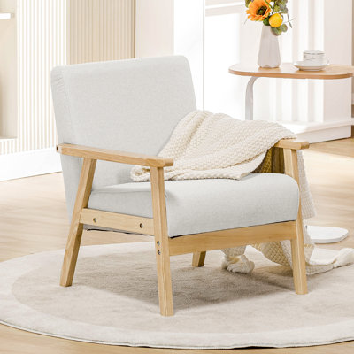 Mid Century Modern Accent Chair, Upholstered Armchair Chair with Solid Wood Armrests and Legs, Linen Fabric Single Sofa Living Room Chair for Bedroom, -  Ebern Designs, 96A8EBE177194E2B9CC79F08639E67D4