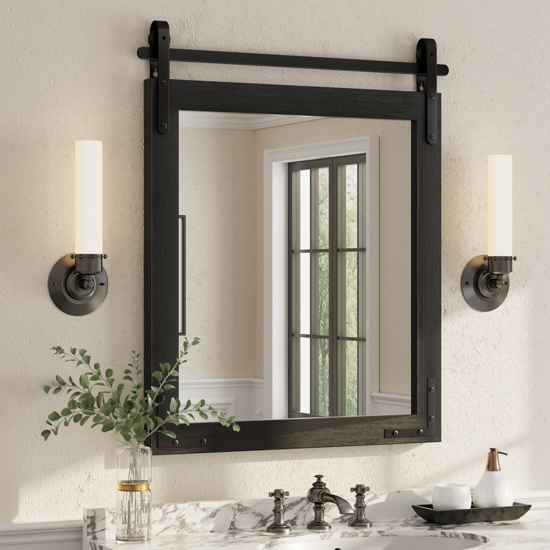 Miroir mural Amara Rustic Farmhouse, Noir, 36 po x 30 po; Verticale