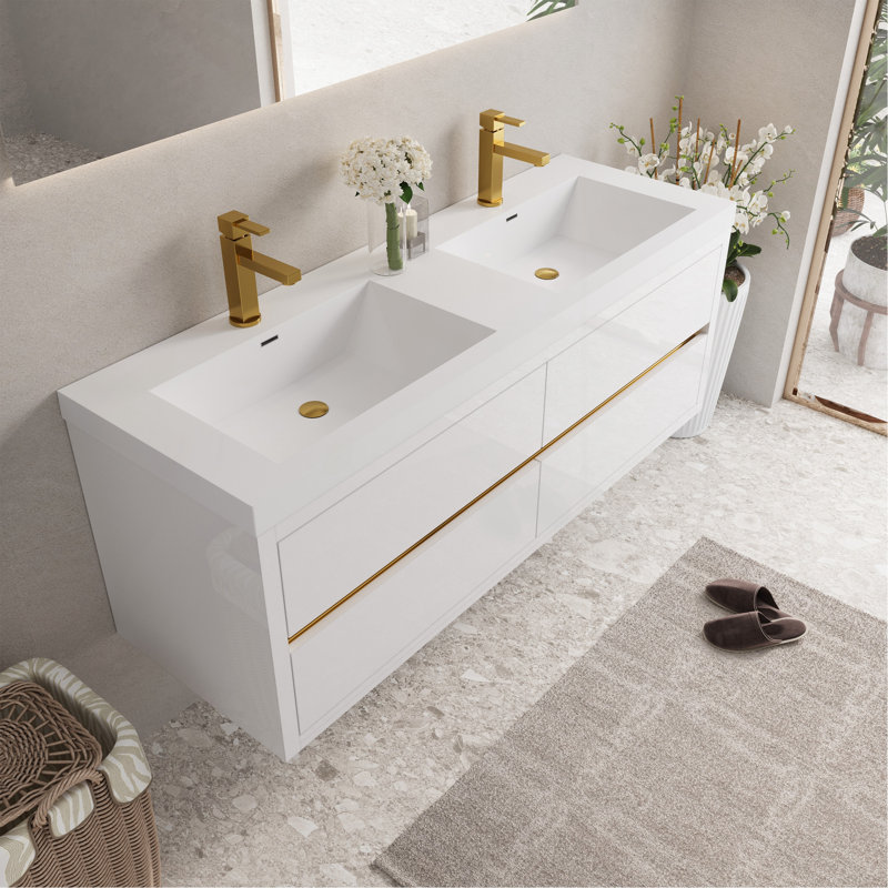 Meuble-lavabo mural 60 po avec lavabo, armoire de rangement flottante avec comptoir en résine de pierre et tiroirs à fermeture en douceur entièrement assemblés