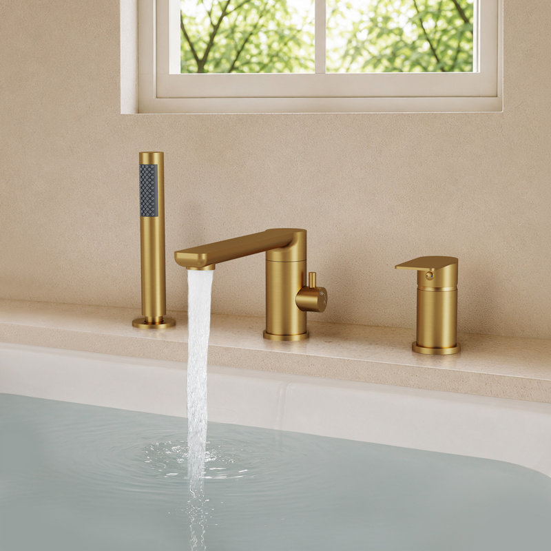 Single-Handle 3-Hole Deck Mount Roman Tub Faucet with Hand Shower and 360° Swivel Spout, Brushed Gold