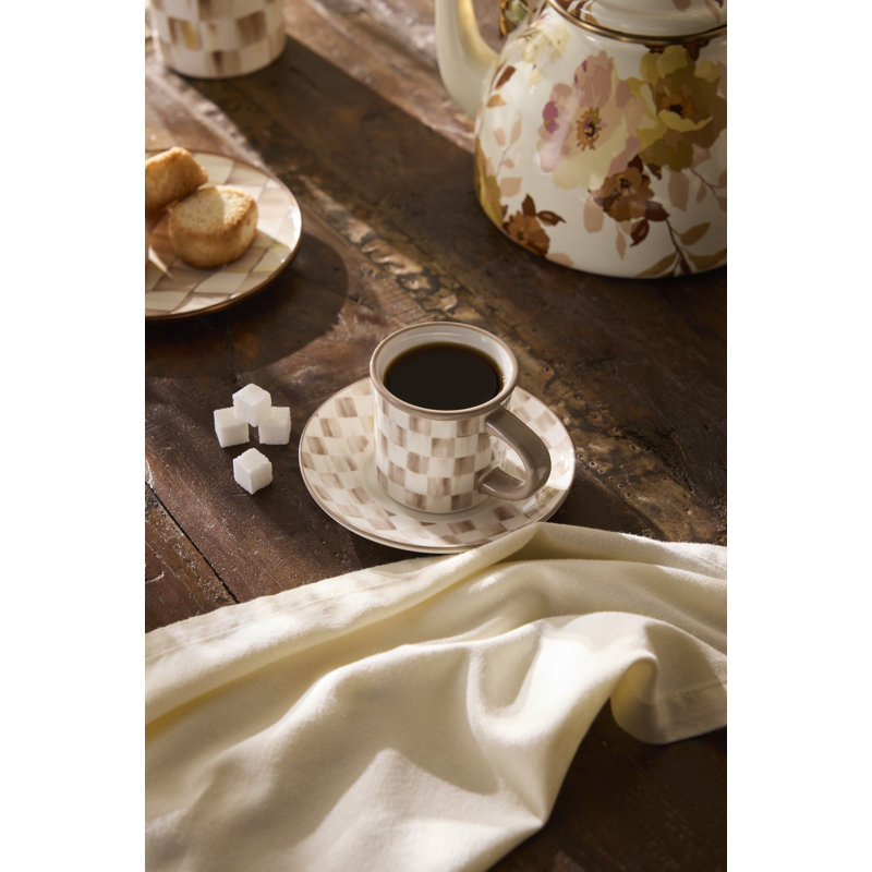 Sterling Check Stoneware Espresso Cup and Saucer, Set of 4, Pink/White