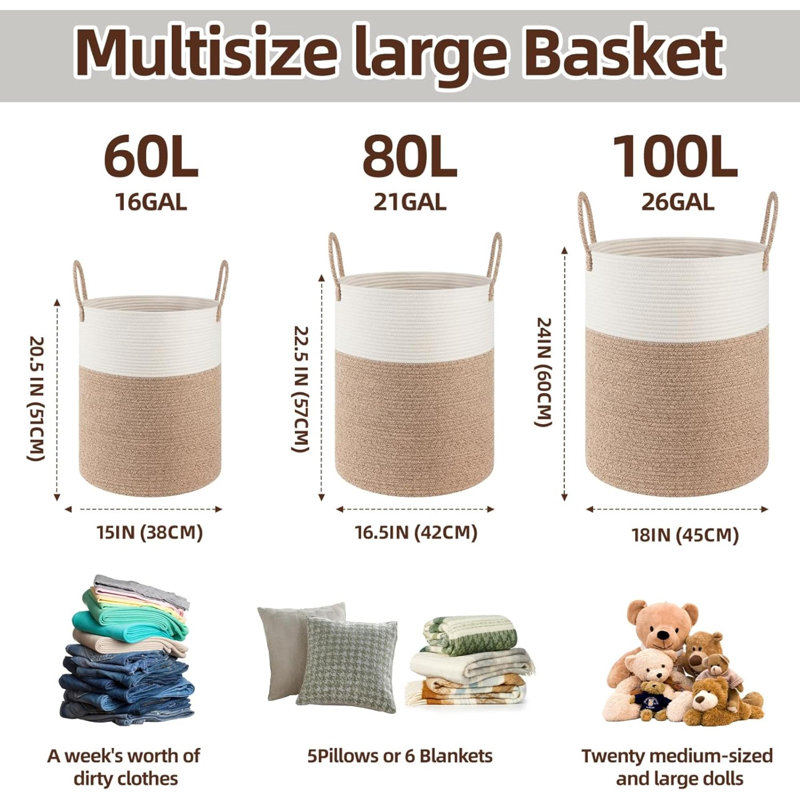 Large Laundry Basket Hamper - 60L Cotton Rope Woven Basket for Blankets, Toys, Clothes - Tall Decorative Nursery Hamper with Long Handles, Brown/White