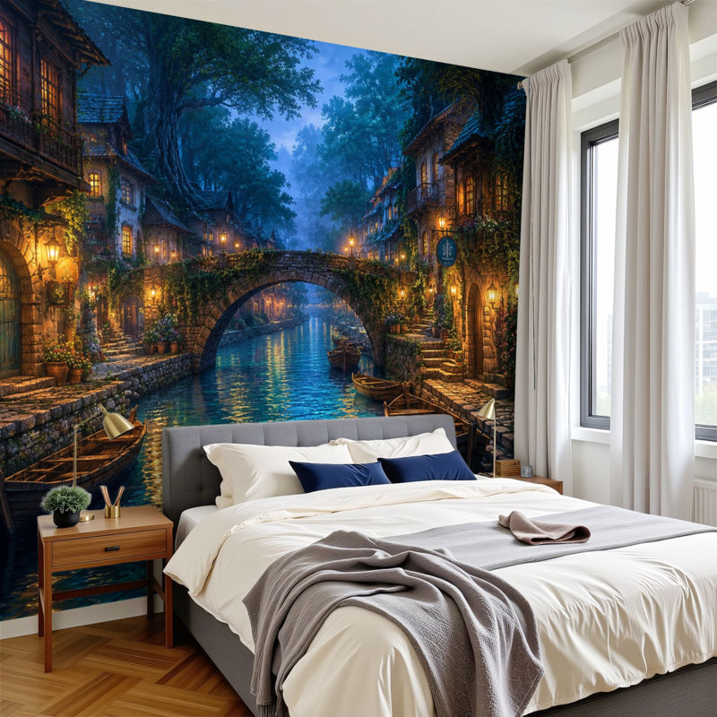 Peler et coller papier peint, charmant village médiéval, pont de pierre, lanterne, canal, art mural auto-adhésif et amovible