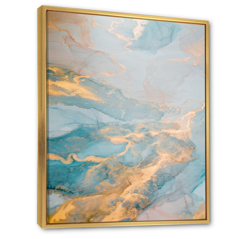 Turquoise luxueux et marbre doré II - peinture, H 36 po x l 24 po, Cadre flottant doré