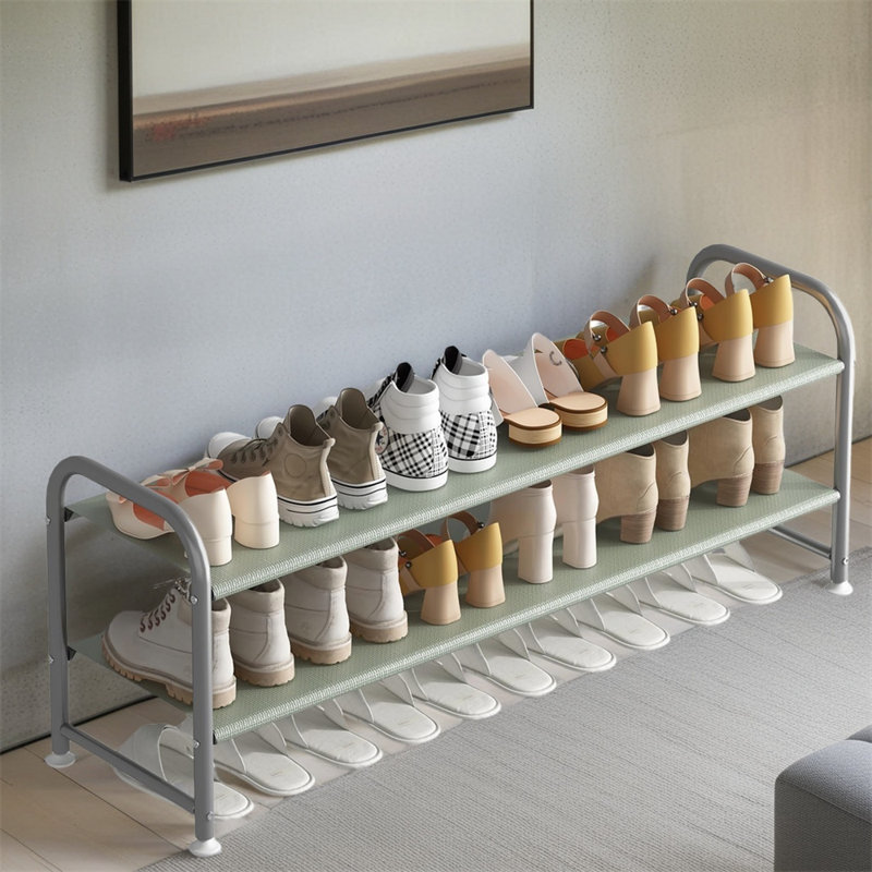 2-Layer Shoe Rack With Long Storage Shelf, Wardrobe Entrance Wide Metal Shoe Rack, Green