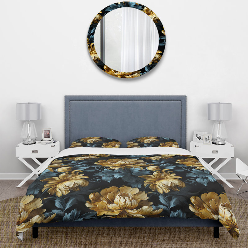 Dark Blue And Golden Gilded Damask Glamour - Damask Duvet Cover Set, Queen Duvet Cover + 2 Standard Shams