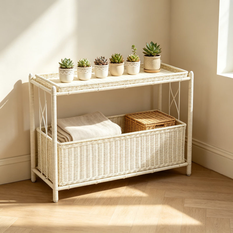 Support pour plante à deux niveaux avec tablettes interchangeables, conception en résine tissée durable pour une utilisation intérieure et extérieure