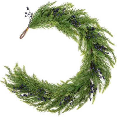 6FT Real Touch Christmas Garland With Lights, Cedar Garland Cypress Garland With Dense Pine Leaves And Blueberry, Christmas Decorations For Mantel Stairs Table Runner Indoor Winter Décor