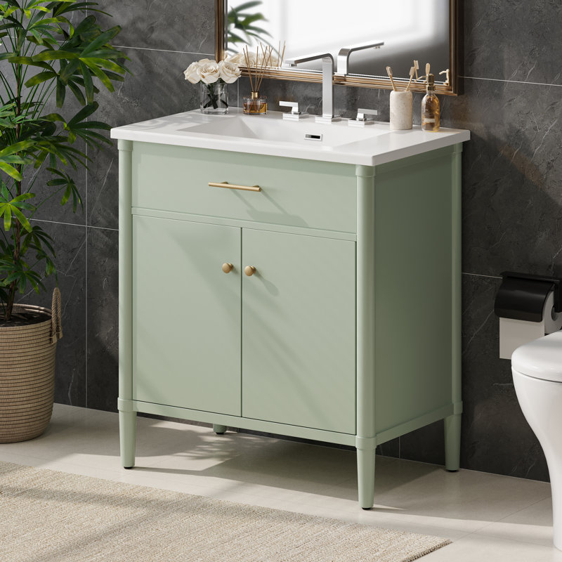 Meuble-lavabo vert 31 po avec lavabo, portes à fermeture douce et profil courbé