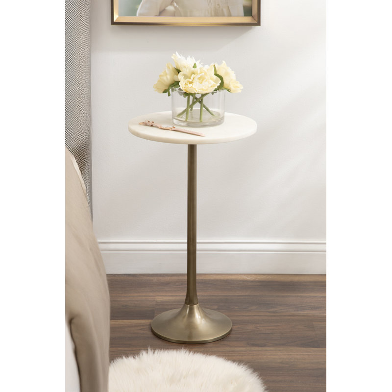 Round Marble Side Table, Blanc, Doré, 24" H x 14" W x 14" D