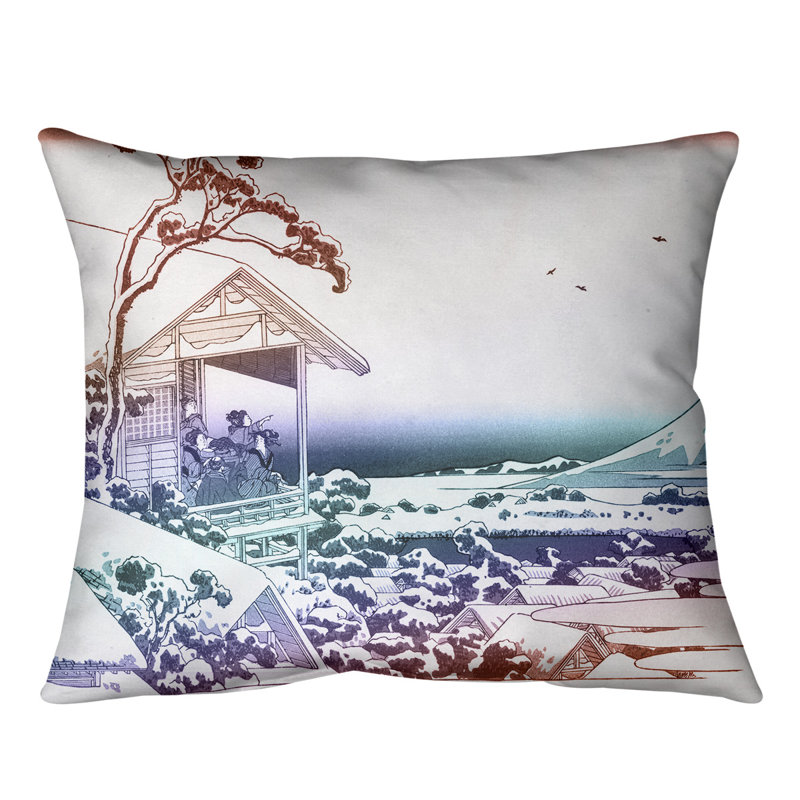 Coussin lombaire Tea House at Koishikawa, 14 po x 10 po, Rouge / dégradé bleu, Duvet synthétique