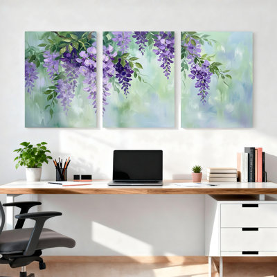Ensemble de 3 tableaux sur toile à motif floral de glycine violette, pour la décoration du salon et de la chambre.