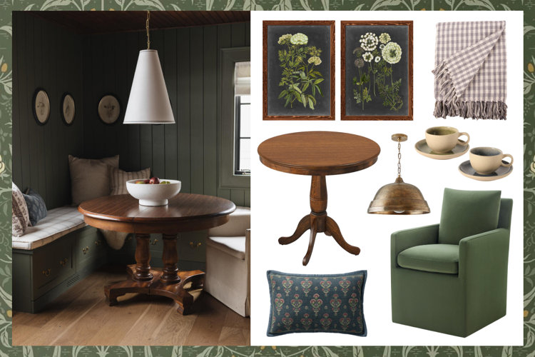 dark cottagecore moodboard inspired by a dark green cottage dining area with a round wooden table and corner bench seating