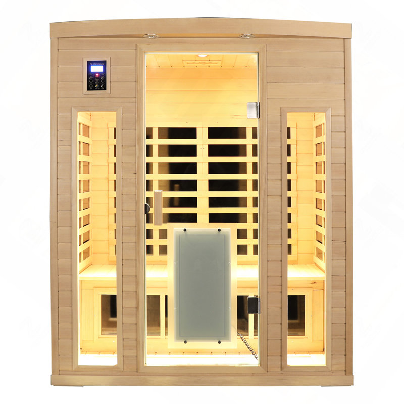 Sauna intérieur en pruche à faible champ électromagnétique pour 3 personnes avec porte en verre chauffante