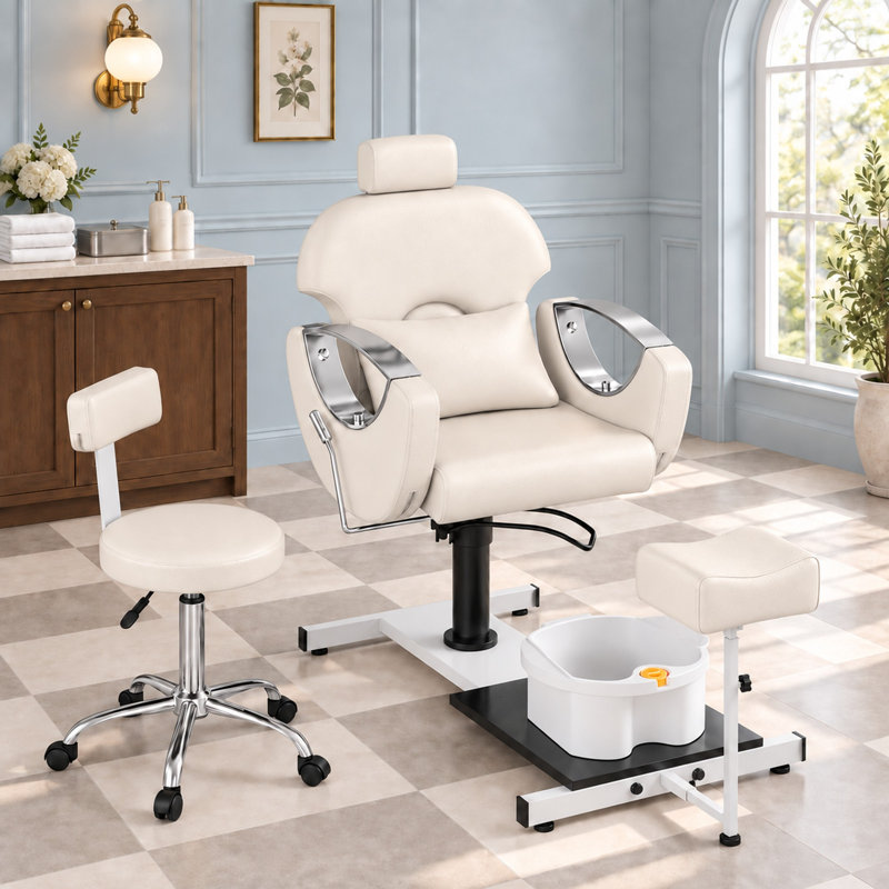 Fauteuil de pédicure avec bain de pieds massant, fauteuil de spa pivotant à 360° - Blanc/Argent, Blanc