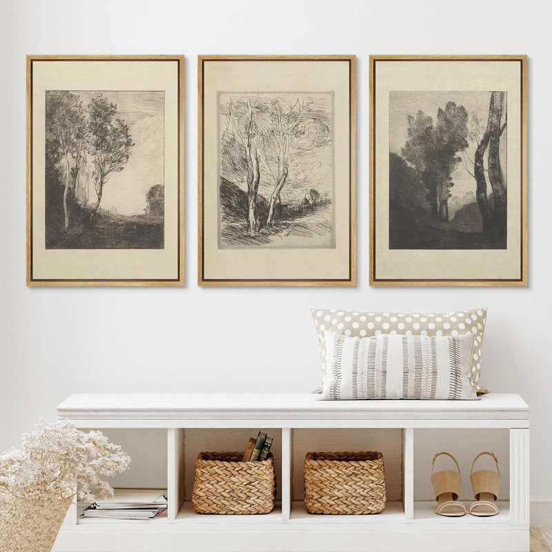 «Duotone», arbres rétro, croquis de forêt, paysage rustique, art encadré sur toile, 3 pièces, H 36 po x l 24 po