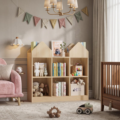 Bibliothèque pour tout-petits 35,4 x 11,8 x 35,4 po avec toit en forme de toit de maison et 8 casiers de rangement ouverts, bois d'ingénierie, organisateur pour enfants à double toit, pour salle de jeux de chambre à coucher, ton de bois