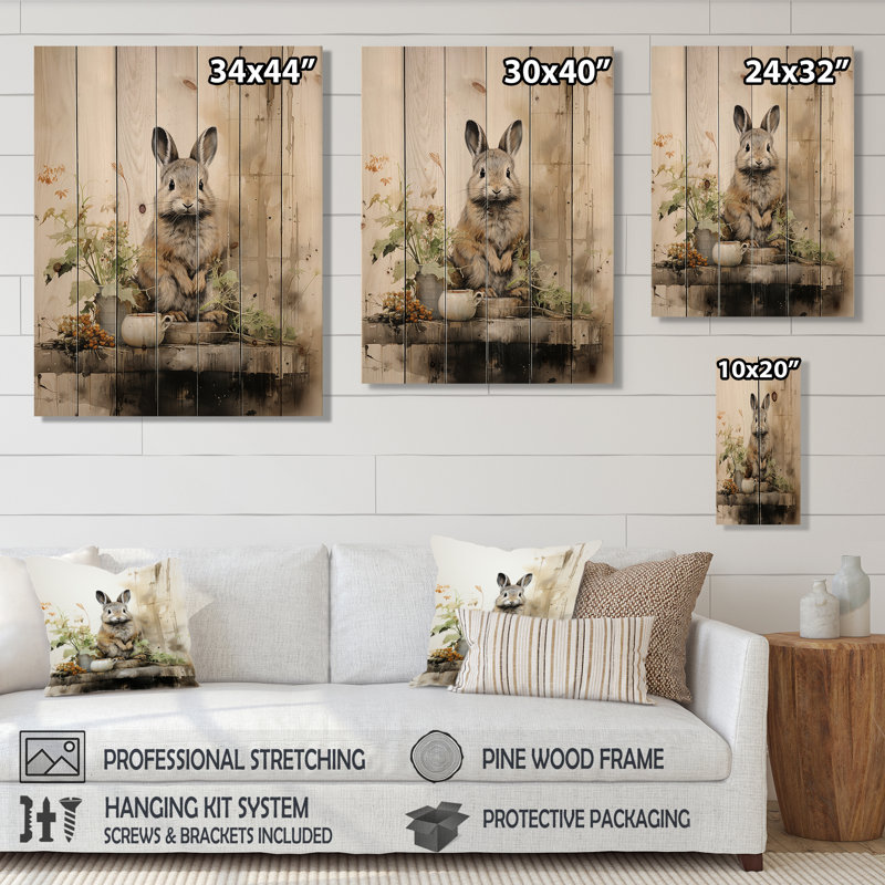 Art asiatique, lapin Sumi I sur bois, H 32 po x l 24 po x P 0,78 po