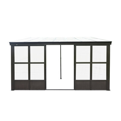 Solarium toutes saisons 10 X 14 pi, solarium mural permanent avec fenêtres en polycarbonate détachables, solarium en aluminium avec 2 portes coulissantes verrouillables pour terrasse de jardin