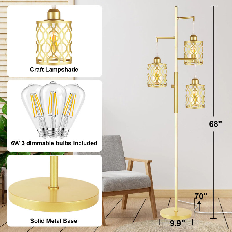 Lampe sur pied 68 "de style campagnard, lampes sur pied industrielles à intensité variable comprenant 3 ampoules E26 de 6 pièces, lampe sur pied arbre