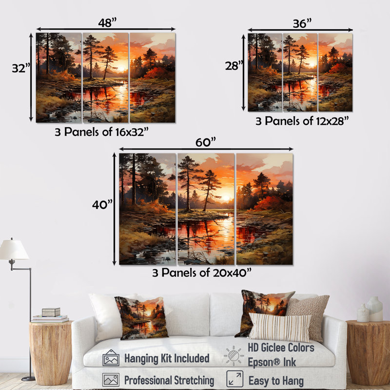 River Though Forest Sunrise I - Forest Canvas Art Set, H 28 po x l 36 po x P 1 po, Toile tendue