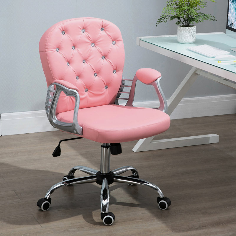 Chaise de bureau en similicuir rose, à boutons, rembourrée, réglable en hauteur et pivotante pour un confort optimal.