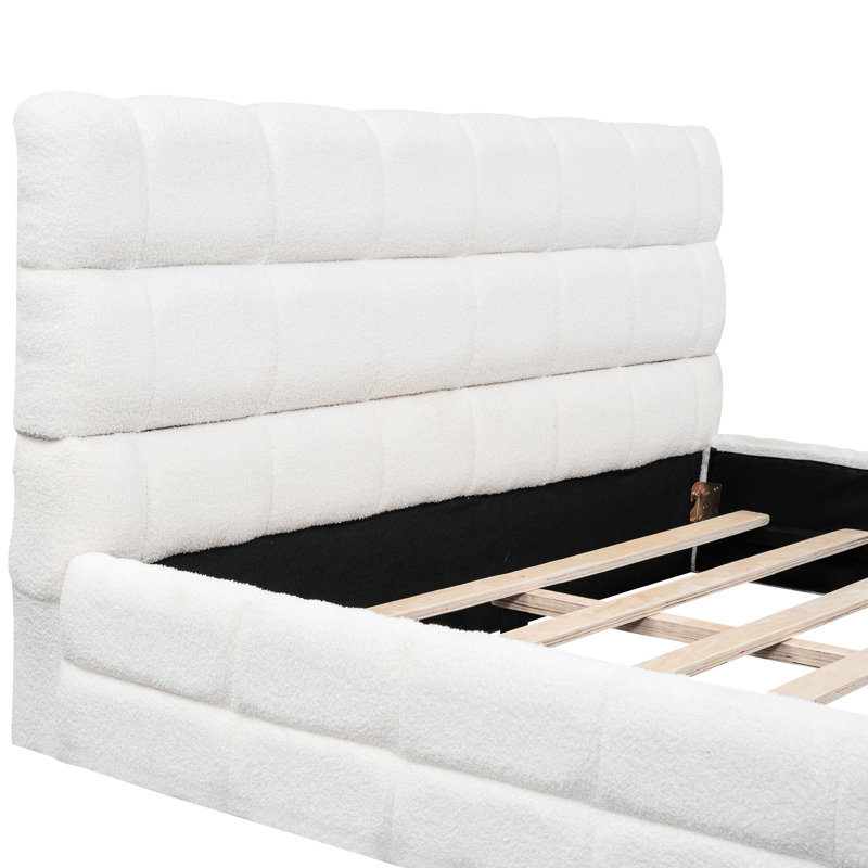 Grand lit plateforme tapissier - blanc, conception classique avec construction, sans sommier, épaisseur de matelas de 8 po 10 po, structure grand lit de 81 po de longueur, bois massif +, largeur de 66 po