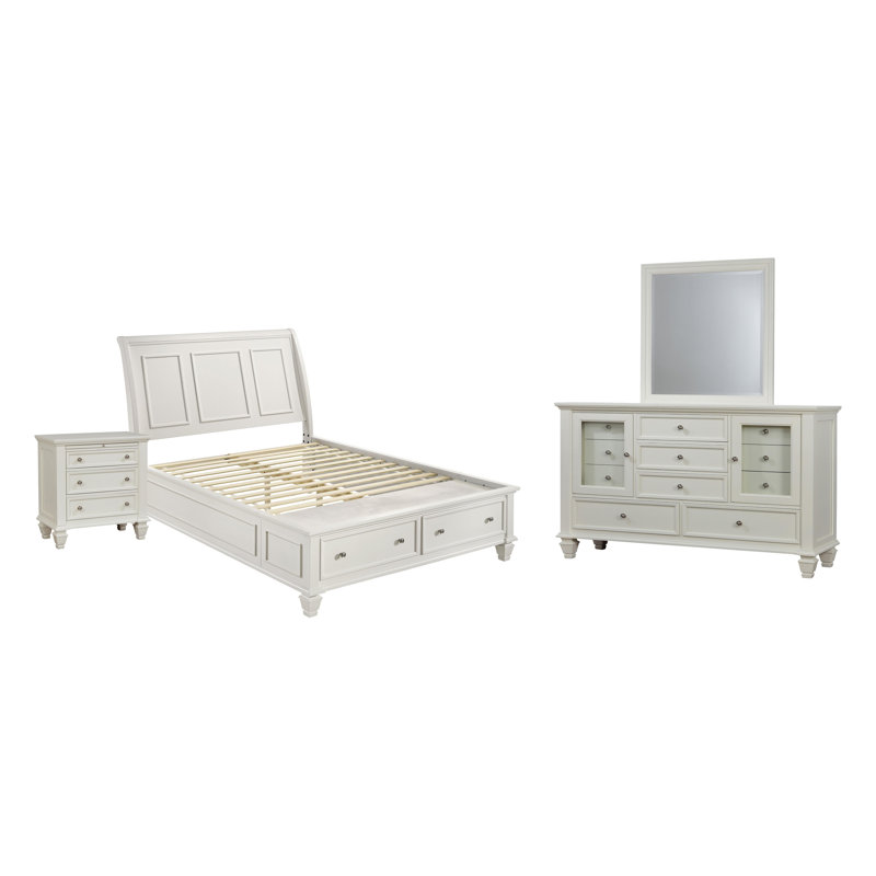 Ensemble de chambre à coucher Beach Eastern, Grand lit, Blanc, Ensemble de 4 pièces : lit, table de chevet, comm
